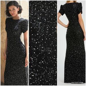 MAC DUGGAL 24003 Womens Black Gathered Short Sleeve Beaded Gown